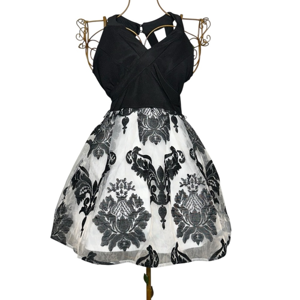Crystal Doll Flocked Fit & Flare Dress w/ Floral Embroidered Designs - Juniors 0